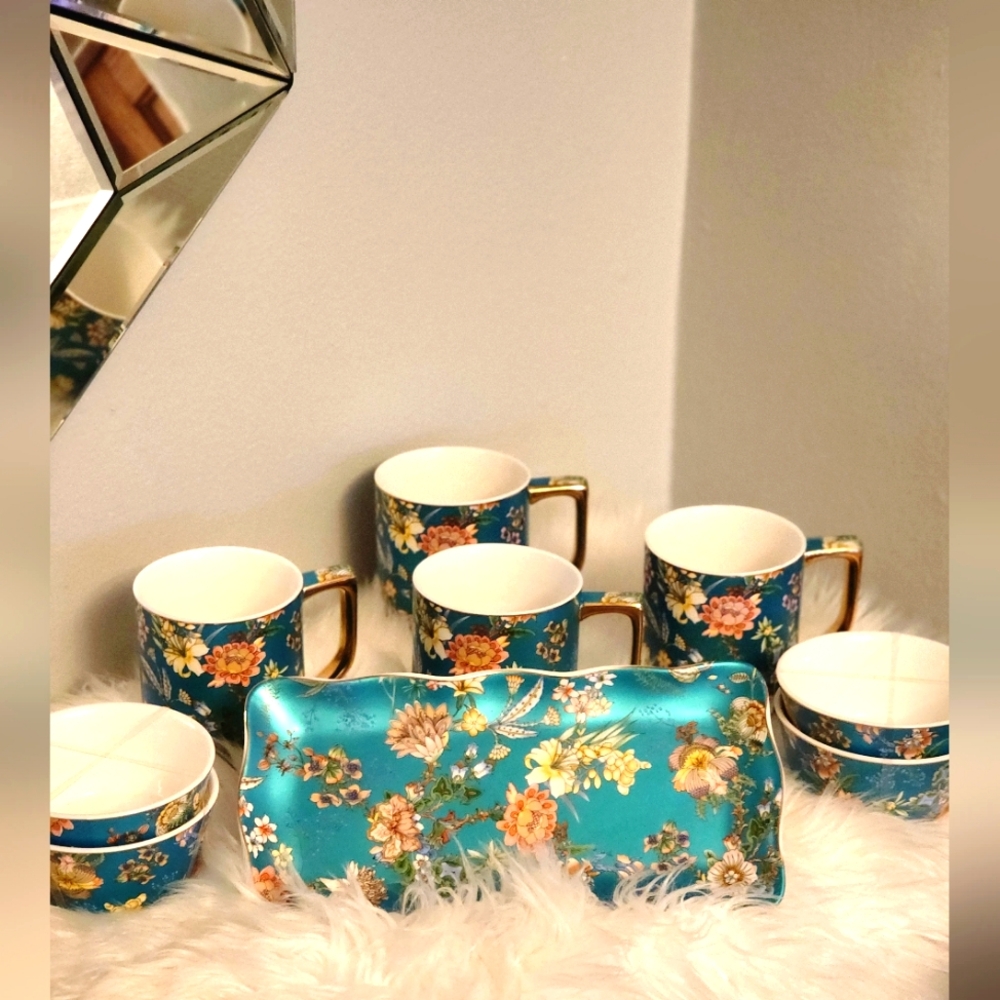 Teal Tea Party Set-1 Porcelain Platter,4 Mugs And Dessert Bowls,New without Tags